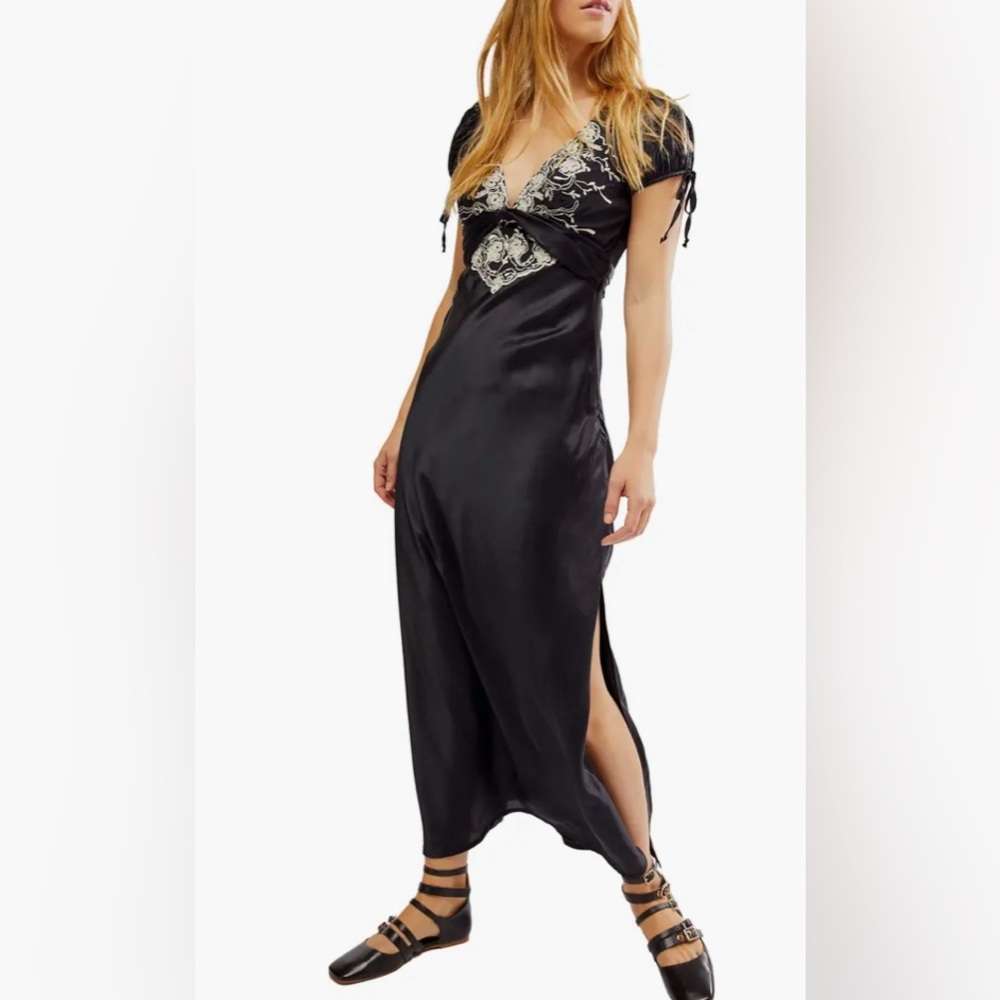 Free People Cooper Embroidered Satin Maxi Dress size 12 rare Black